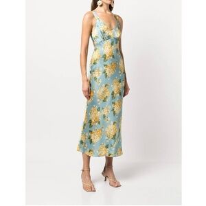 REFORMATION SILK Floral Blue and Yellow Maxi Dress SIZE SMAL